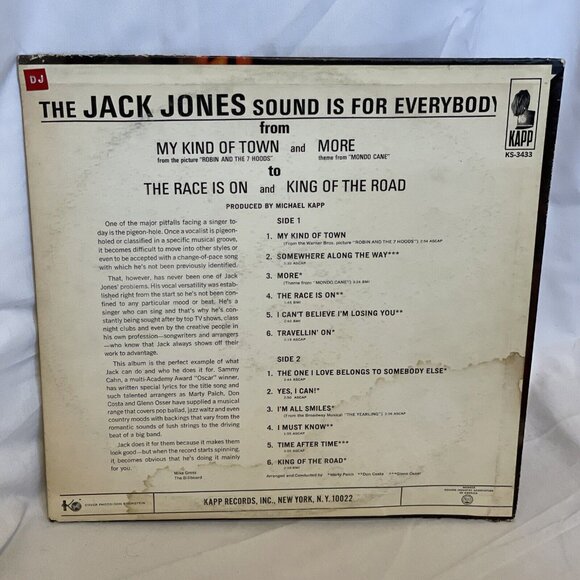 Jack Jones – My Kind Of Town (Vinyl, 1965) Kapp Records KS 3433 VG+ LP Record - Picture 3 of 10